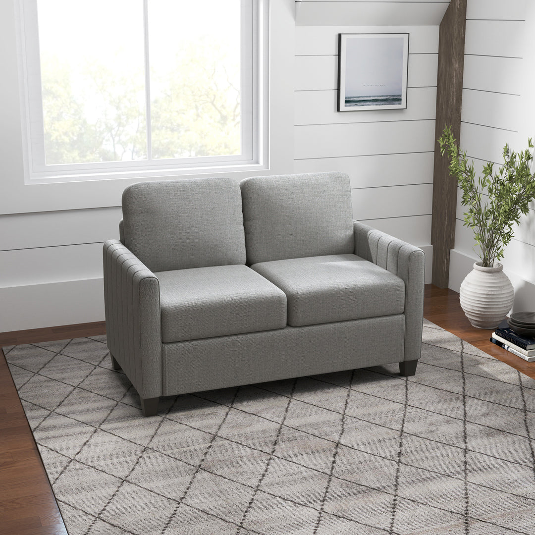 2 Seater Sofa, Channel Tufted Modern Fabric Couch, Comfy Upholstered Small Sofa Loveseat with Spring Cushion, Back Pillow, for Living Room, Bedroom, Office, Light Grey