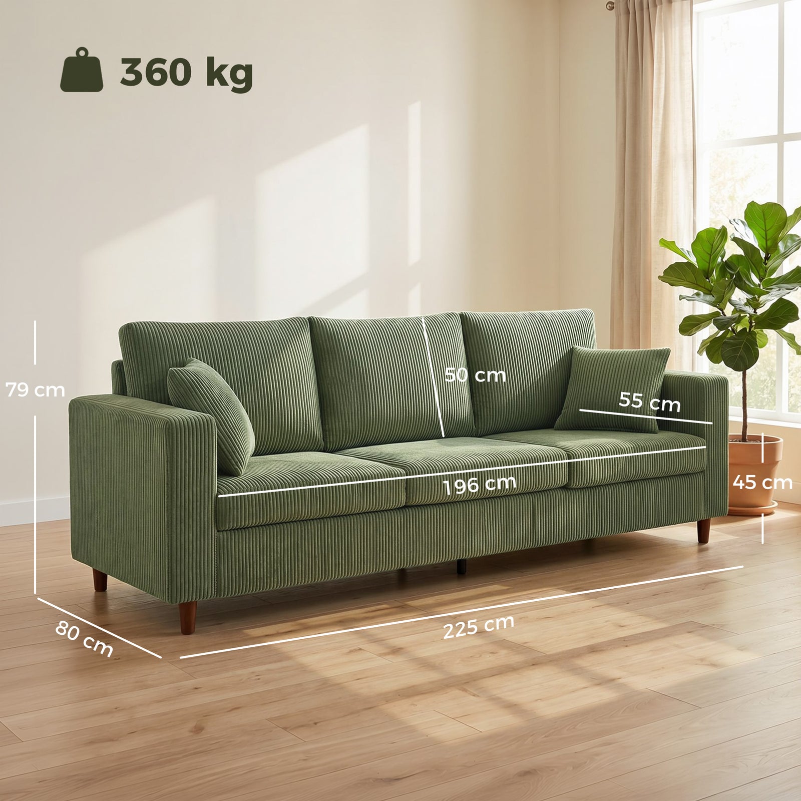 3 Seater Sofa with Wide Seat, Corduroy Fabric Couch with Deep Seat, Sp