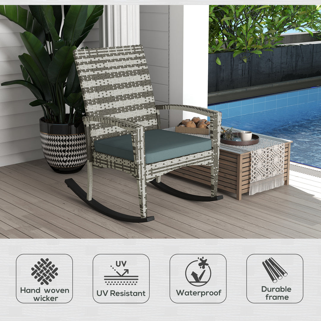 PE Rattan Garden Rocking Chair, Outdoor Rocking with Cushion, 160 KG Capacity Wicker Garden Armchair Rocker with Metal Frame for Patio, Porch, Balcony, Light Grey
