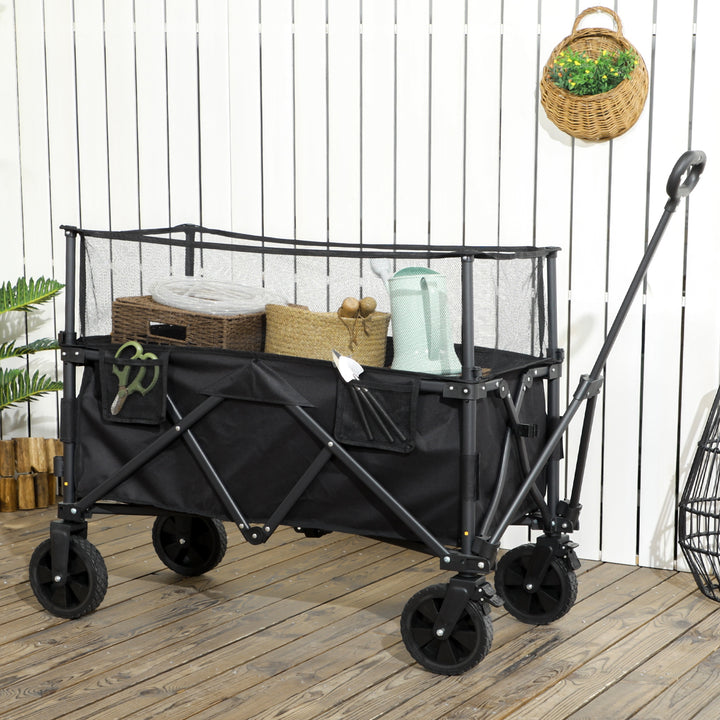 Outsunny Folding Garden Trolley, 180L Wagon Cart with Extendable Side Walls for Beach, Camping, Festival - Black | Aosom UK