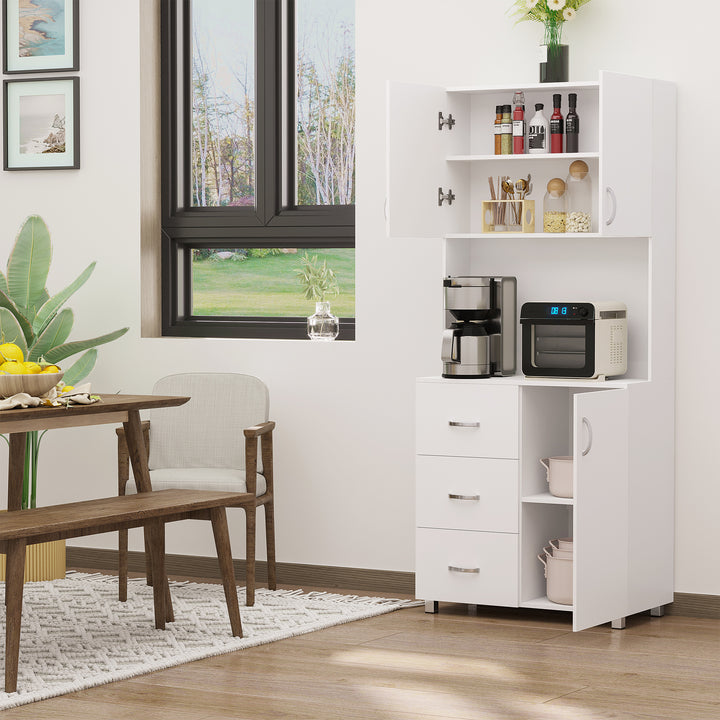 MCL Free standing Kitchen Cupboard, Storage Cabinet with Doors and Sheleves, 3 drawers and Open Space, Adjustable Height Storage Unit, White