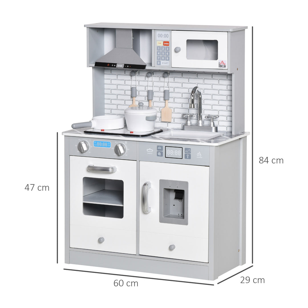 Kids Wooden Toy Kitchen Pretend Play Cooking Playset w/ Sound & Light Effect, Battery Operated Cooktop, Ice Machine, Marble Pattern Countertop, for 3-6 Years Old