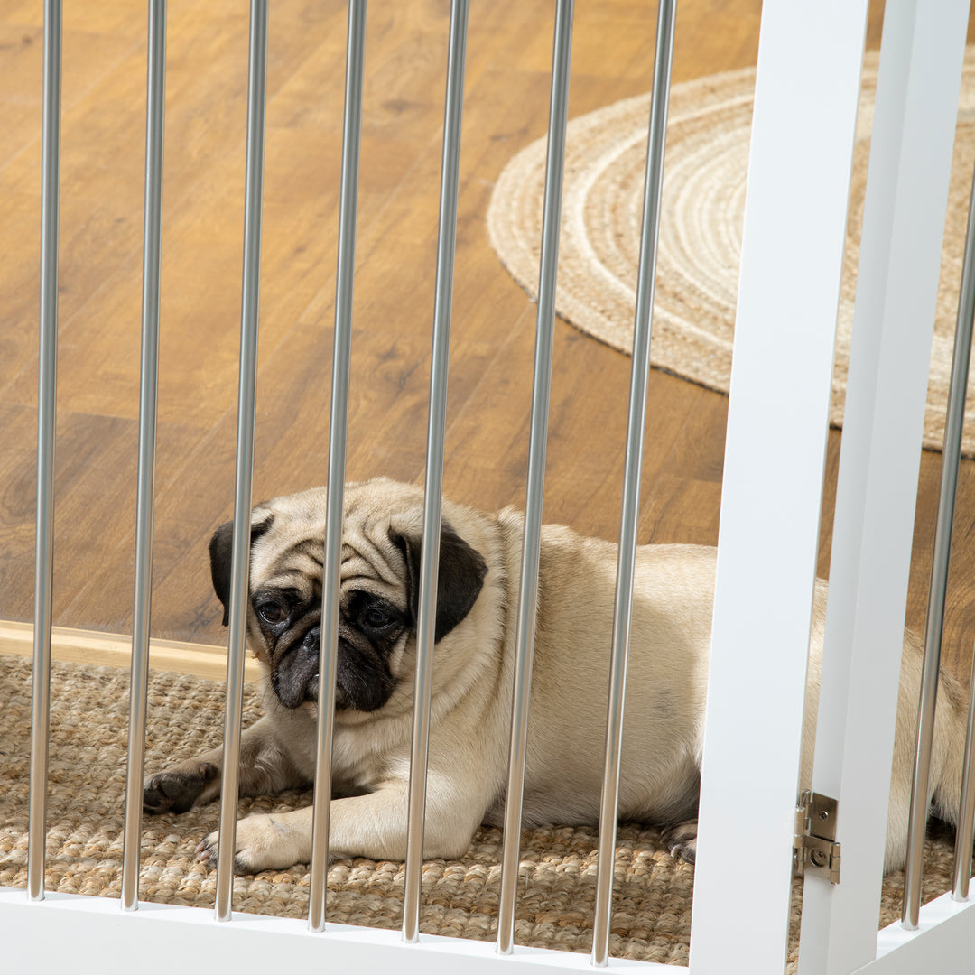 PawHut Foldable Dog Gate, Wooden Freestanding Pet Gate with 2 Support Feet, Dog Barrier for Doorways, Stairs, Halls - White | Aosom UK