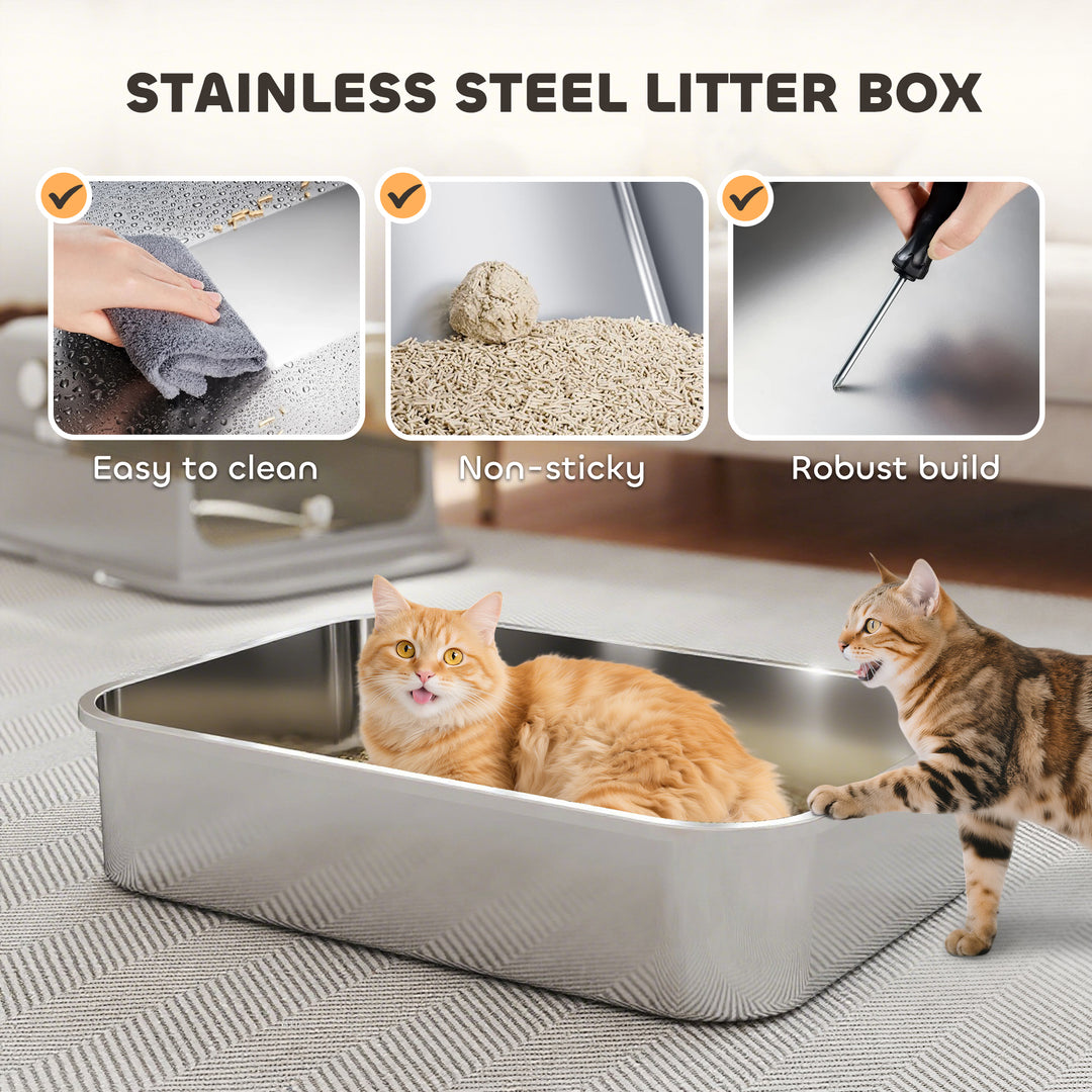 XXL Stainless Steel Cat Litter Tray, Enclosed Cat Litter Box with 90° Flip Cover, Double Doors, Scoop, Easy Clean