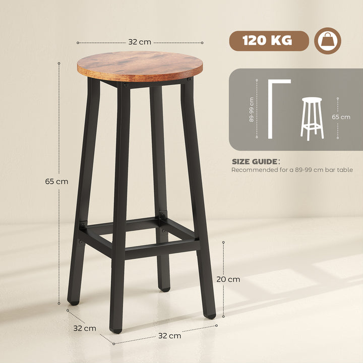 Bar Stools Set of 2 Breakfast Bar Stools with Footrest, Industrial Round, 32 x 32 x 65 cm