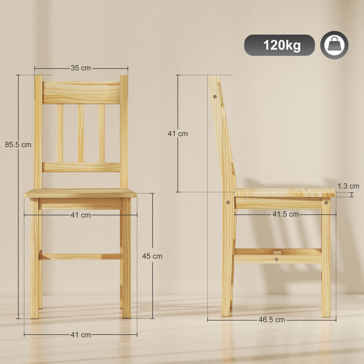 Dining Chairs Set of 2, Kitchen Chair with Slat Back, Pine Wood Struct