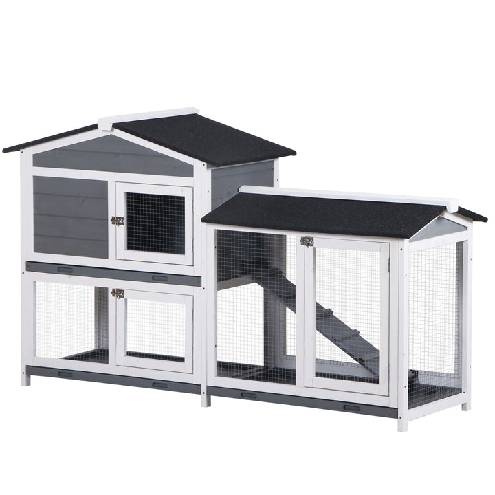 PawHut Wooden 2-Tier Rabbit Hutch w/ Tray Ramp Grey