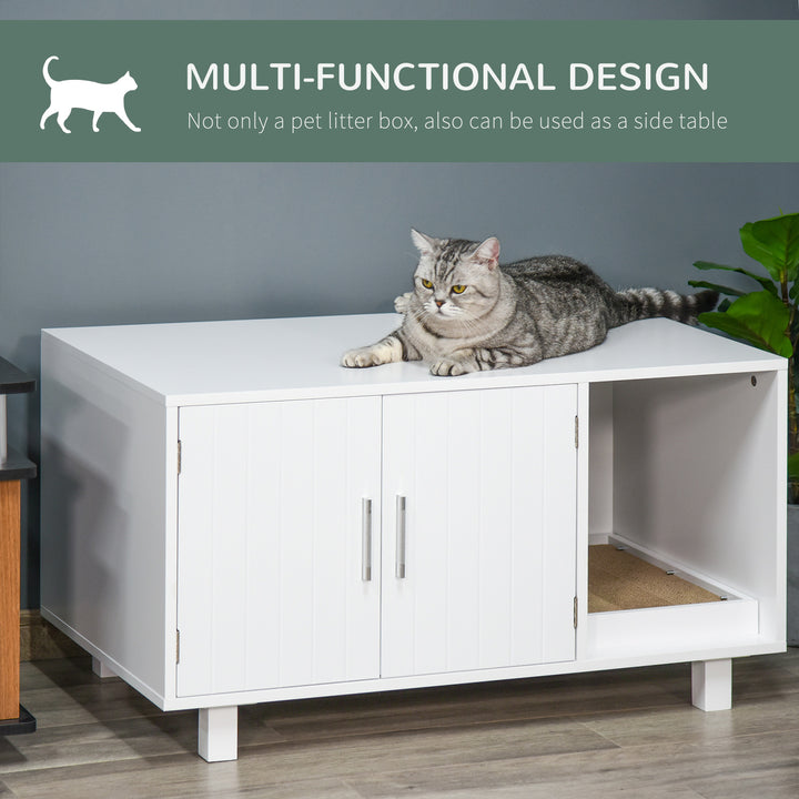 MCL Wooden Cat Litter Box Enclosure & House with Nightstand/End Table Design, Scratcher, & Magnetic Doors, White