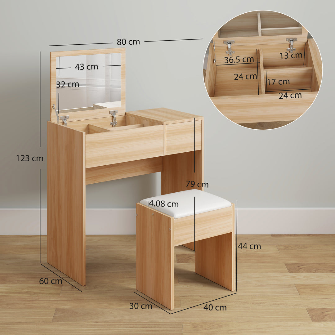 MCL Dressing Table with Flip-Up Mirror and Cushioned Stool, Makeup Vanity Desk with Hidden Compartments and Storage Drawer, Convertible Writing Table for Bedroom, Natural