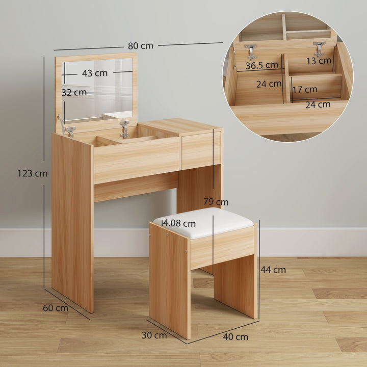 MCL Dressing Table with Flip-Up Mirror and Cushioned Stool, Makeup Vanity Desk with Hidden Compartments and Storage Drawer, Convertible Writing Table for Bedroom, Natural