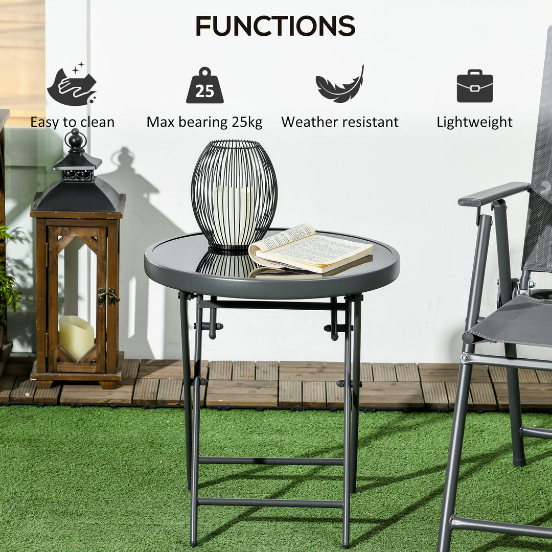 Φ45cm Garden Side Table, Outdoor Round Folding Patio Table with Imitation Marble Glass Top, Small Coffee Table, Black