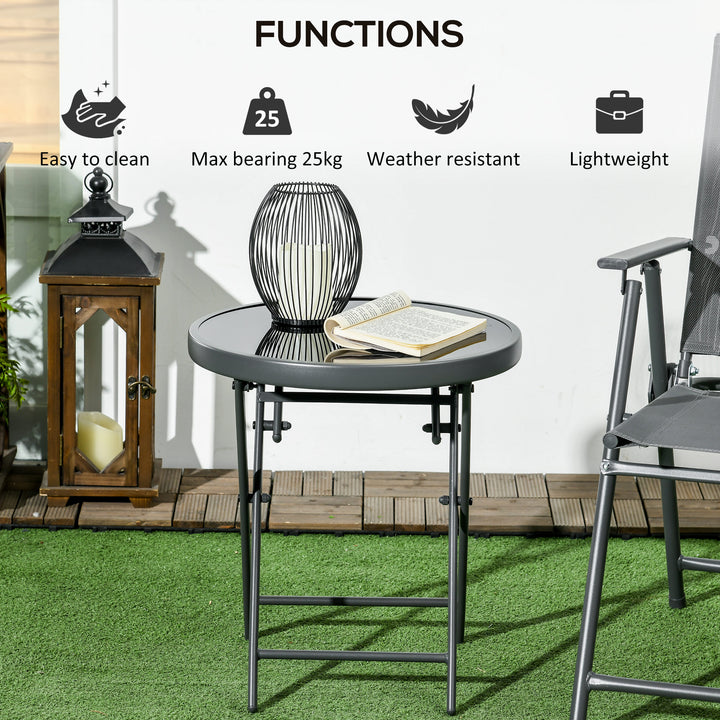 Φ45cm Garden Side Table, Outdoor Round Folding Patio Table with Imitation Marble Glass Top, Small Coffee Table, Black