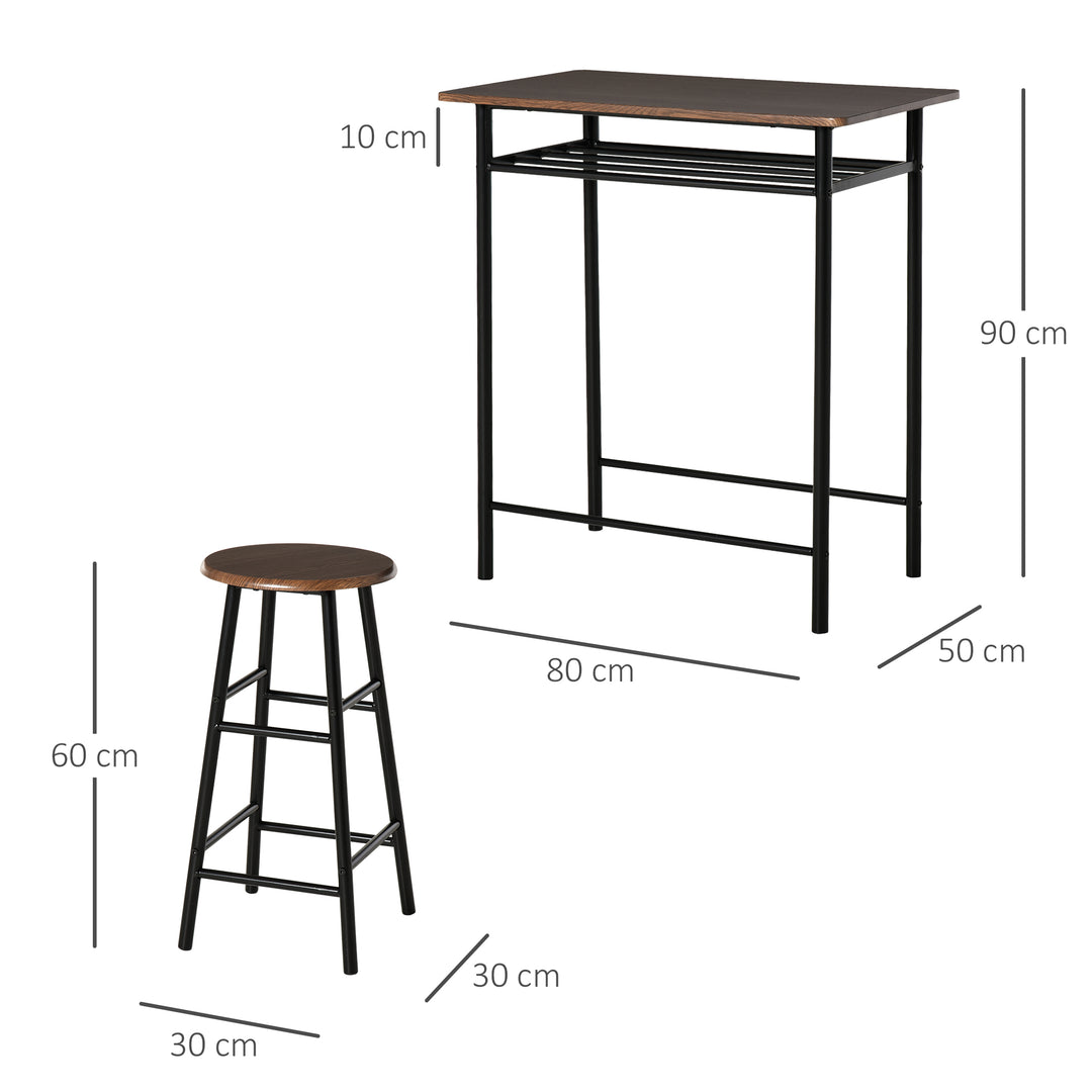 HOMCOM Bar Table and Stools w/ Metal Frame Footrest and Storage Shelf, Bar Table Set for Kitchen, Dining Room, Pub, Cafe, Black and Oak | Aosom UK