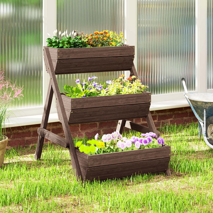 3 Tier Raised Garden Bed Wooden Elevated Planter Box Kit, 66L for Flower, Vegetable, Herb, 65x75x78cm, Tan