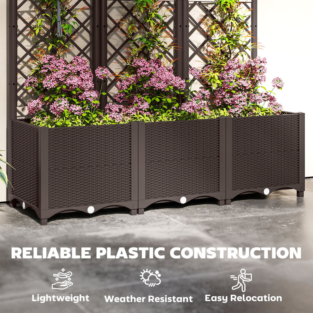 Raised Garden Bed with Trellis, Plastic Planter Box with Drainage Holes, Drain Plugs and Water Reservoirs for Climbing Plants, Vegetables, Flowers, Brown
