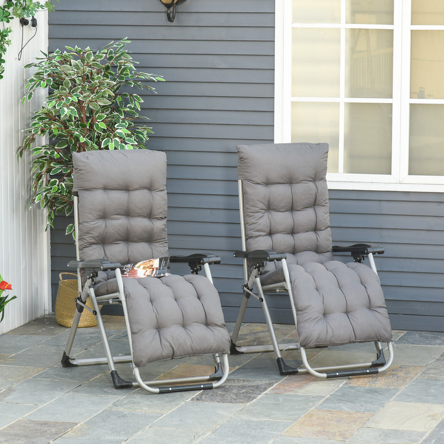 2pc Reclining Zero Gravity Sun Loungers ,Folding Chaise Lounge Chair with Cushions, Dark Grey