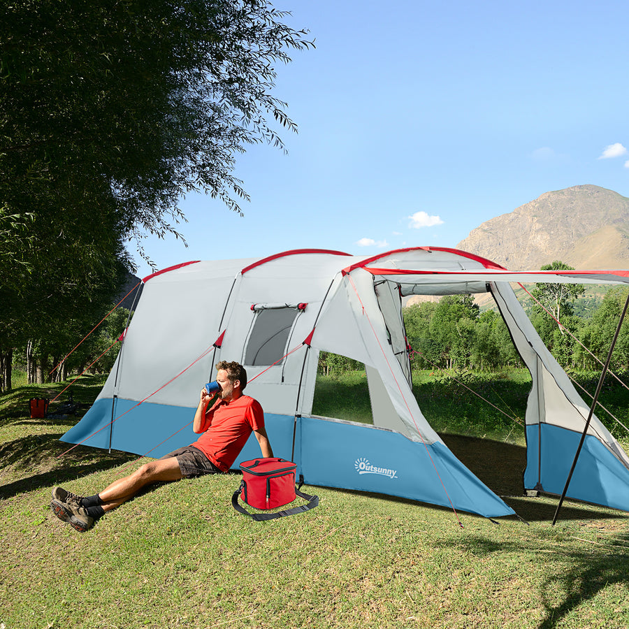 6-8 Person Tunnel Tent, Camping Tent with Bedroom, Living Room, Sewn-in Floor, 3 Doors and Carry Bag, 2000mm Water Column for Fishing, Hiking, Sports, and Traveling, Blue