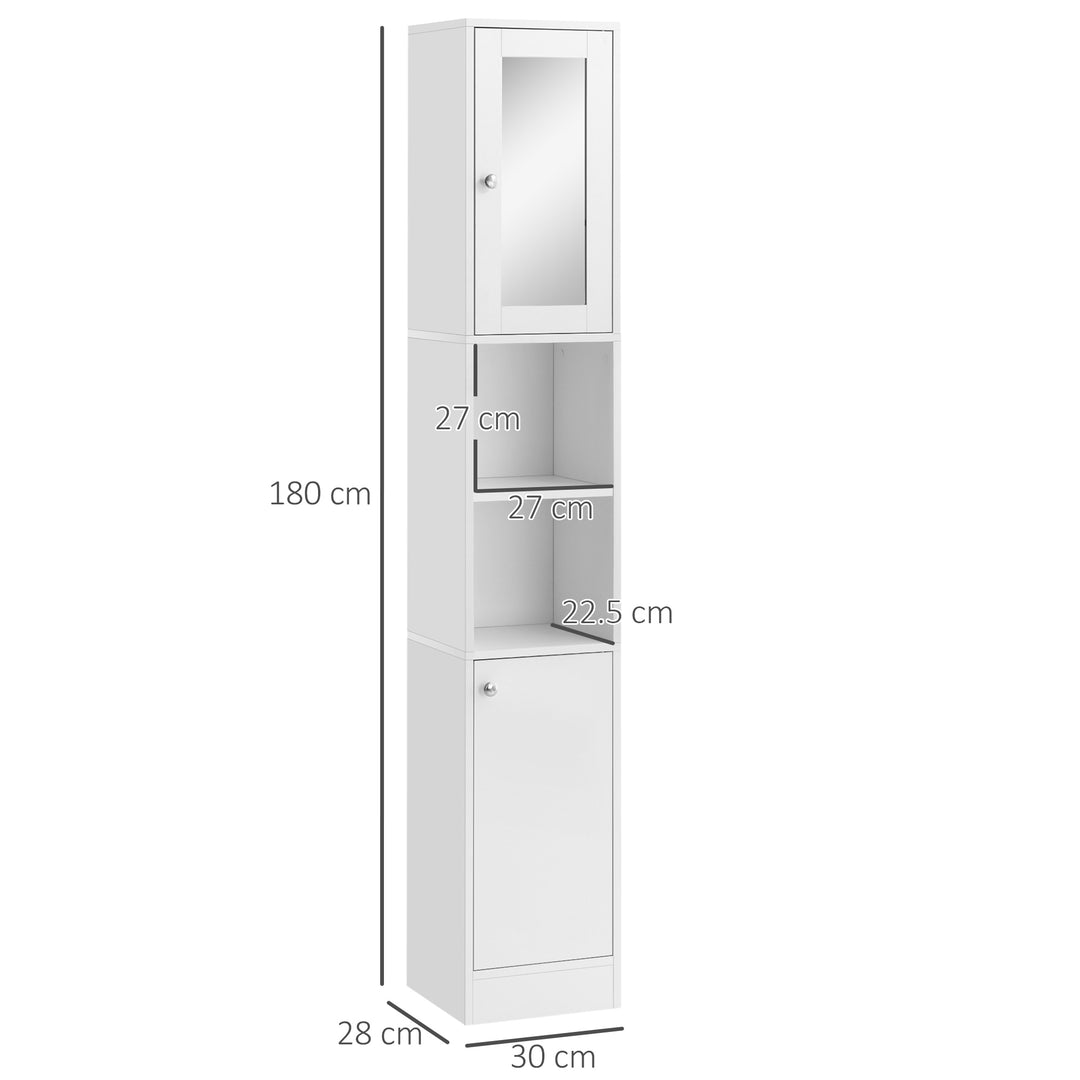 kleankin Free Standing Bathroom Cabinet with Mirror, Tallboy Unit with Adjustable Shelves, 30W x 28D x 180Hcm, White | Aosom UK