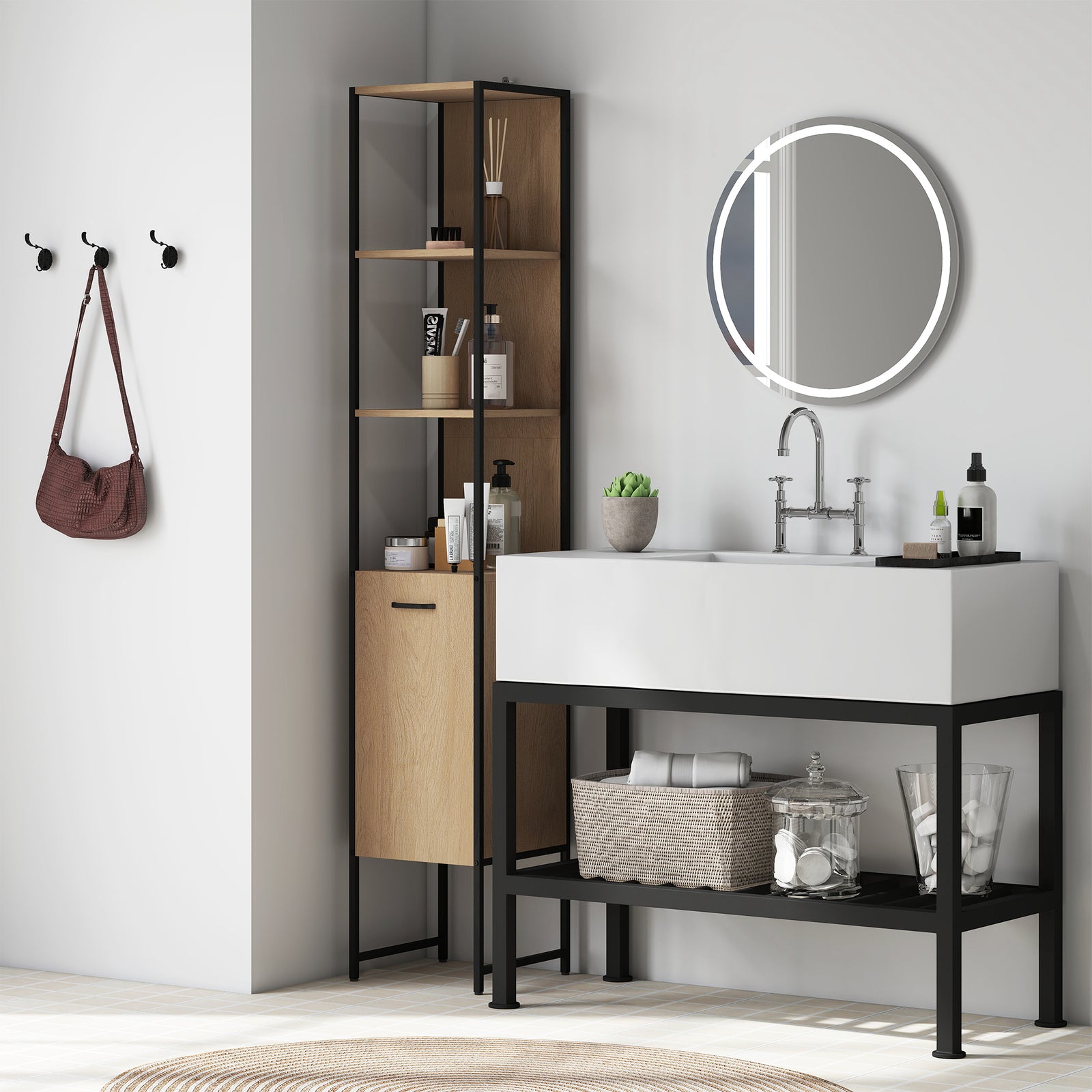 Tall Bathroom Cabinet with Open Shelves and Adjustable Shelf - Natural Wood Finish