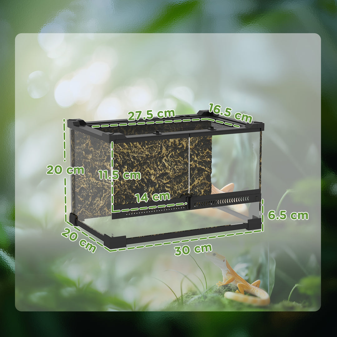 Reptile Glass Terrarium with Stone Background, Front Ventilation, Escape-Proof Knob Lock, 30 x 20 x 20 cm, Black