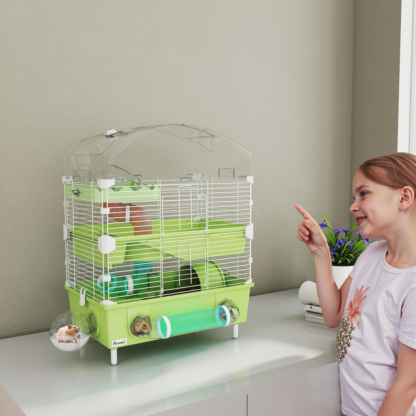 3-Tier Hamster Cage with Transparent Top, Sand Bathroom, Exercise Wheel, Hideout Room, Tubes, 45 x 28 x 60 cm, Green
