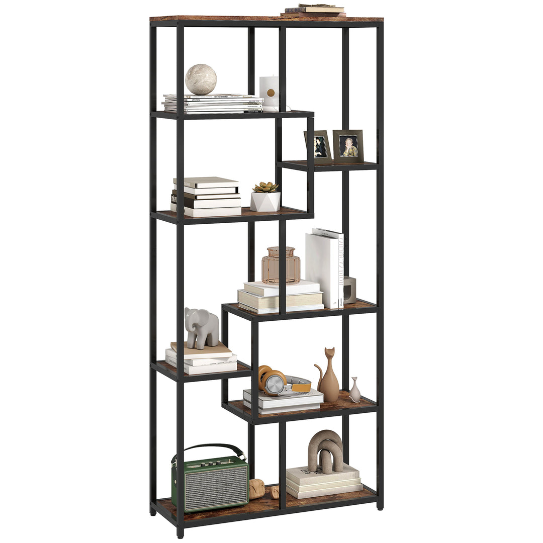 HOMCOM Seven-Tier Geometric Bookcase - Brown/Black