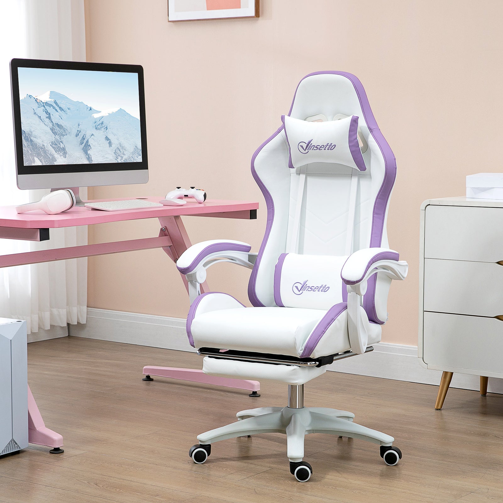 Computer Gaming Chair, PU Leather Office Desk Chair with Footrest, Swivel Wheels, 135° Reclining Back, Lumbar Support, Headrest for Home, White and Purple