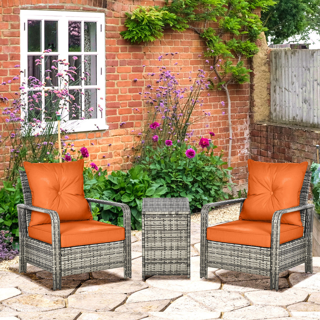 3 Pieces Rattan Bistro Set, Wicker Garden Furniture Set with Storage Coffee Table and Chairs, Thickened Cushions for Outdoor, Patio, Balcony, Orange