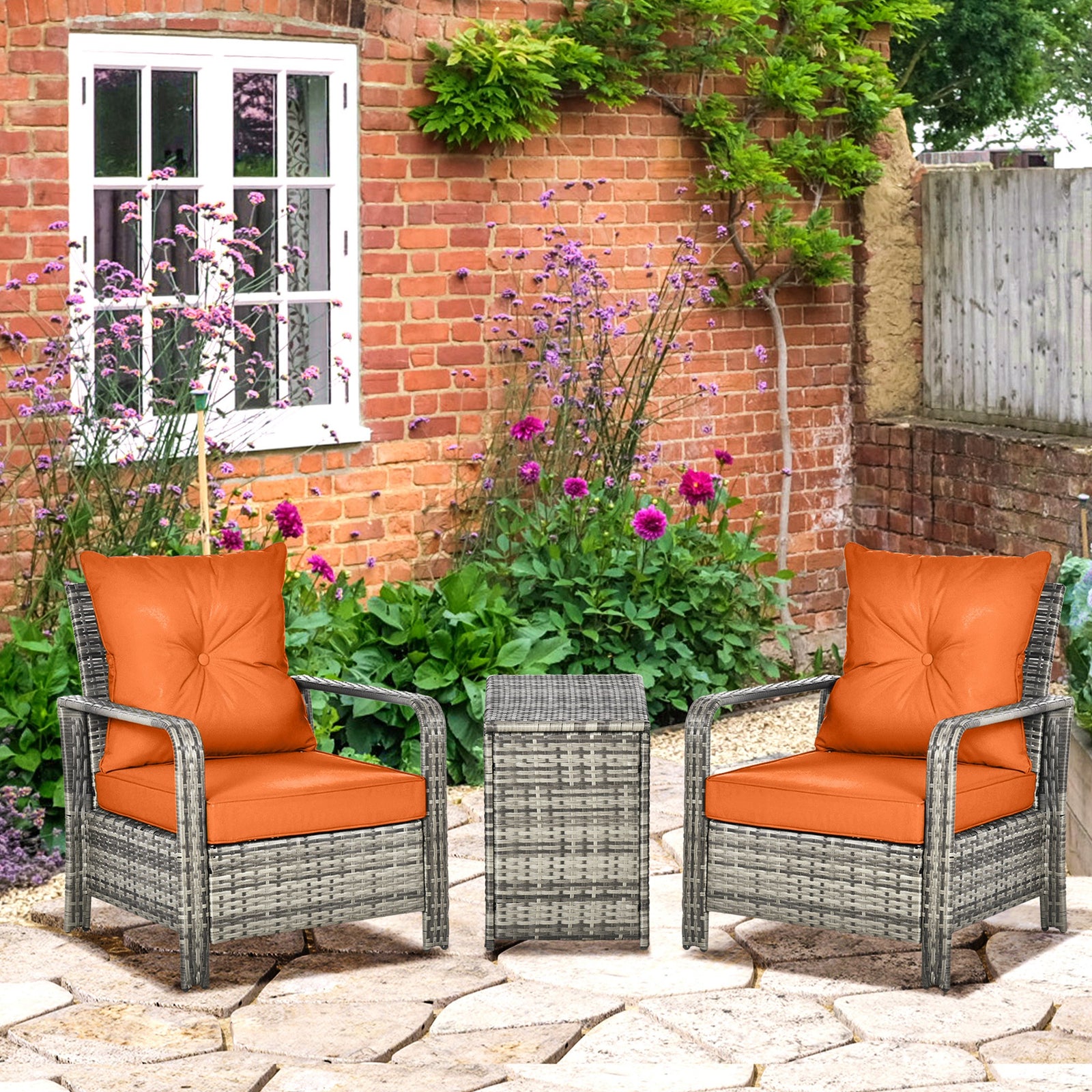 3 Pieces Rattan Bistro Set, Wicker Garden Furniture Set with Storage Coffee Table and Chairs, Thickened Cushions for Outdoor, Patio, Balcony, Orange