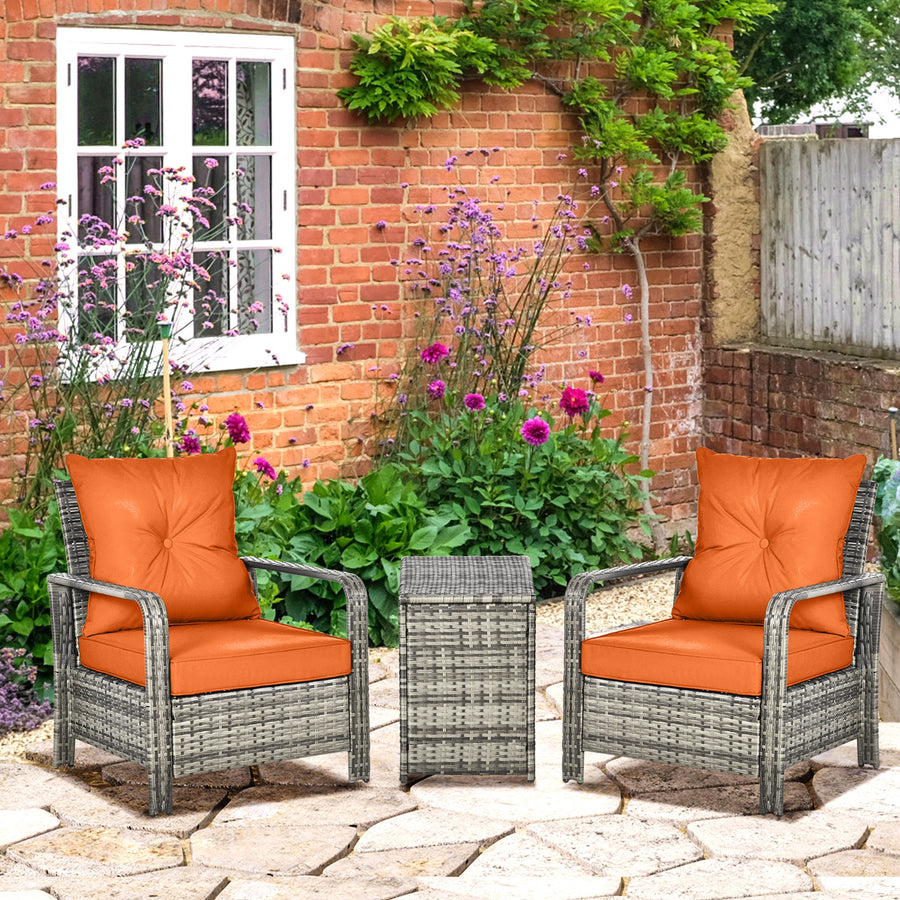 3 Pieces Rattan Bistro Set, Wicker Garden Furniture Set with Storage Coffee Table and Chairs, Thickened Cushions for Outdoor, Patio, Balcony, Orange