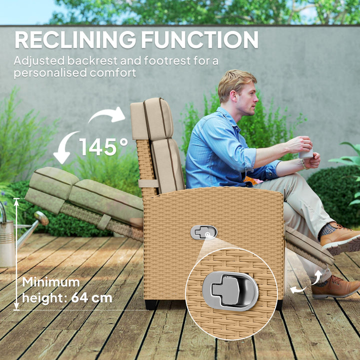 145° Reclining Rattan Armchair, with Footrest - Khaki/Beige