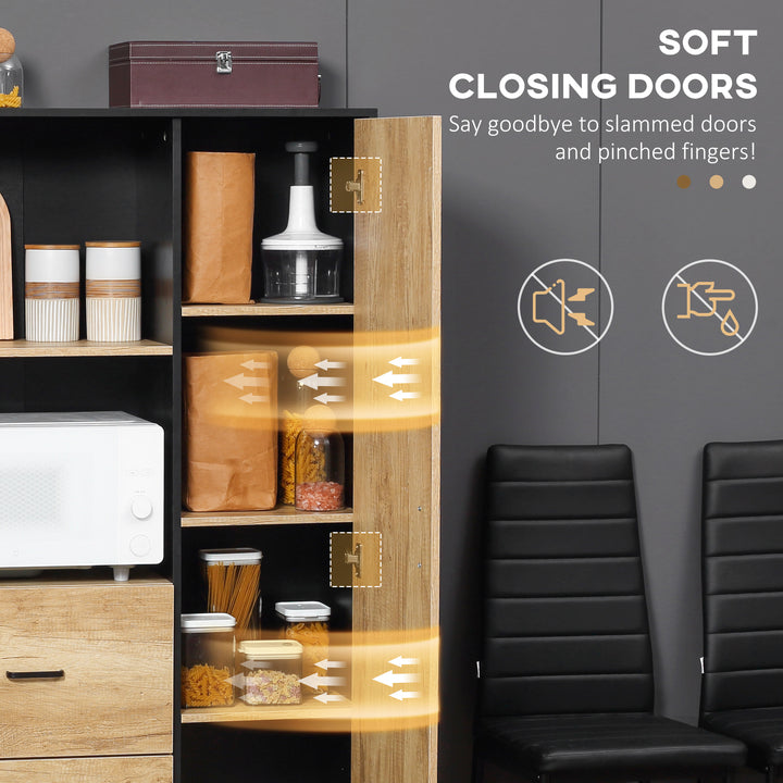Kitchen Cupboard, Freestanding Storage Cabinet with Soft Close Door, Microwave Stand with Adjustable Shelves and Drawers, for Living Room, Dining Room, 160cm, Natural and Black