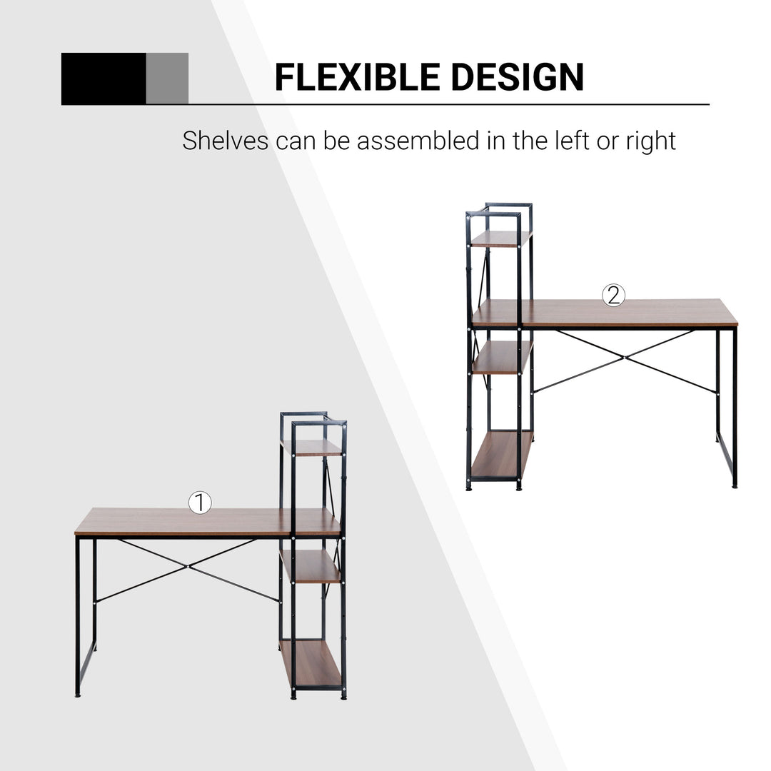 HOMCOM Workstation Desk with 4-Tier Bookshelf, Study PC Table, Home Office, Metal Frame, Wooden Top, Walnut & Black | Aosom UK