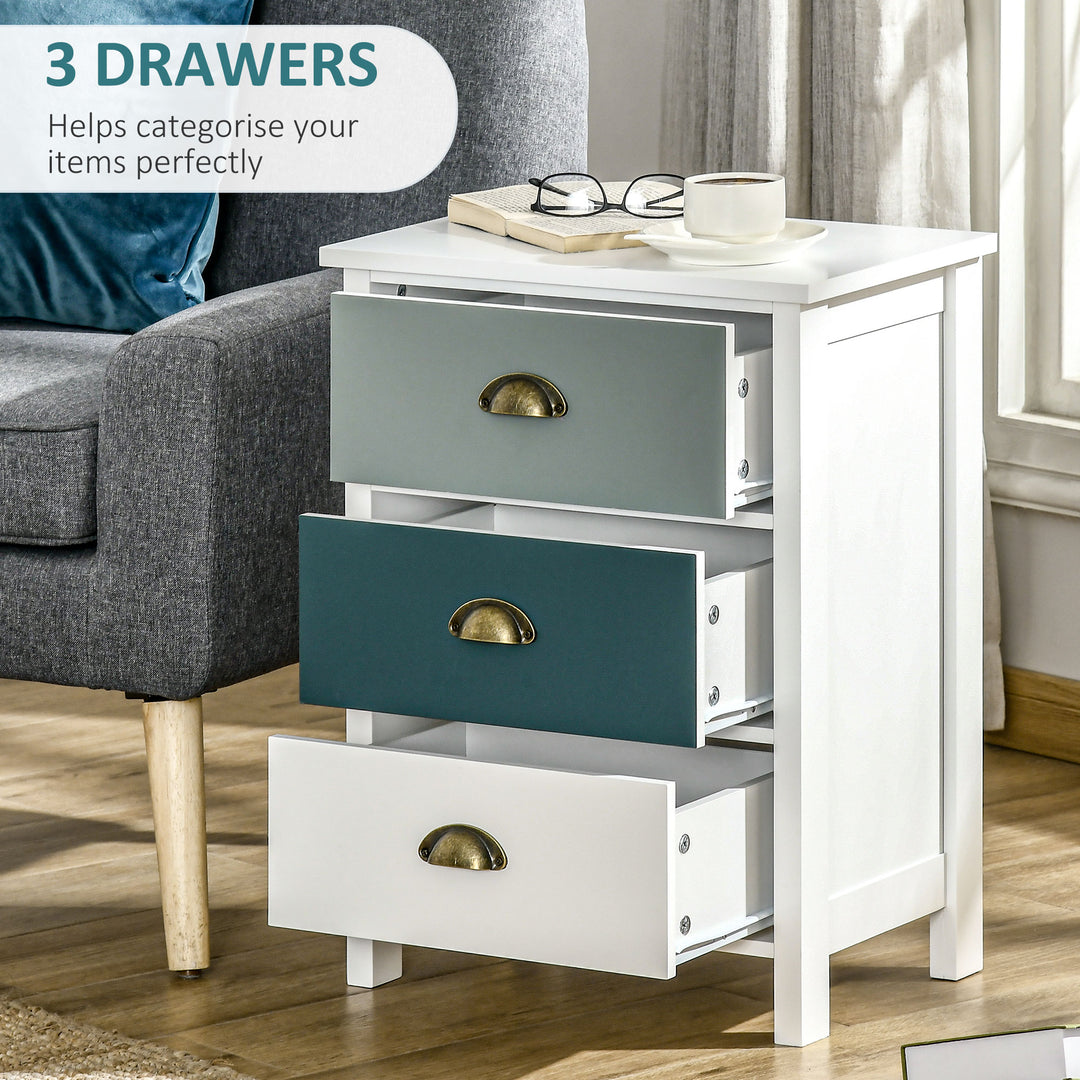 Bedside Table Set of 2 Chest of 3 Drawers Shabby Chic Nightstands with Metal Handle Sofa Side Table for Living Room, Bedroom,Grey and blue