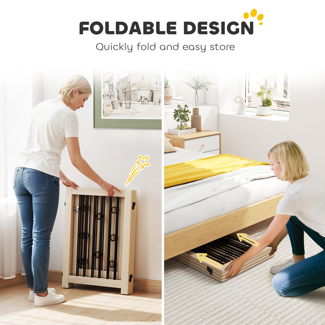 MCL 4 Panel Freestanding Pet Gate, Indoor Dog Barrier with Lockable Door, Support Feet, 360° Flexible Hinges, Oak