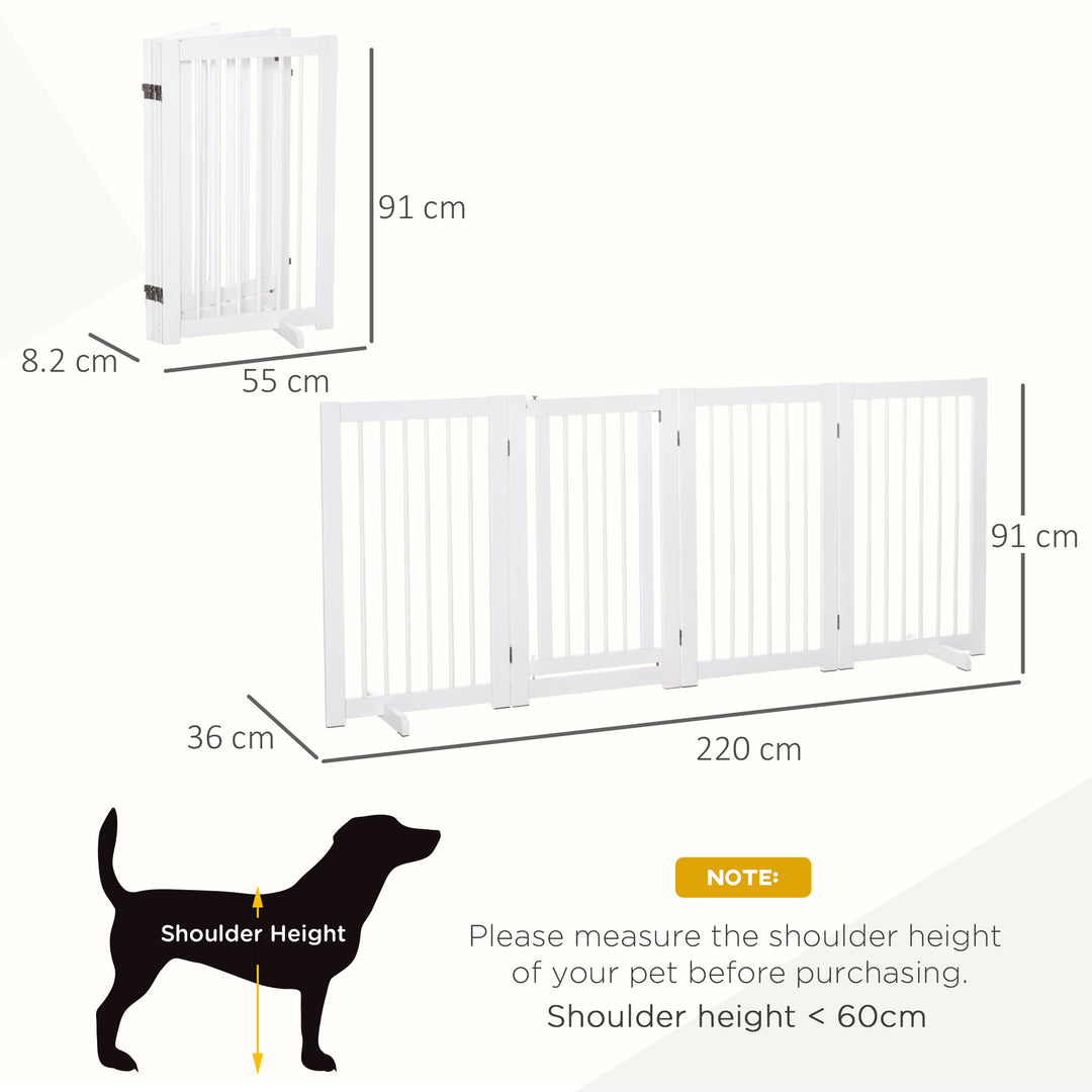 Freestanding Pet Gate 4 Panels Wooden Dog Safety Fence Foldable with Support Feet for Doorway Stairs 91cm Tall White