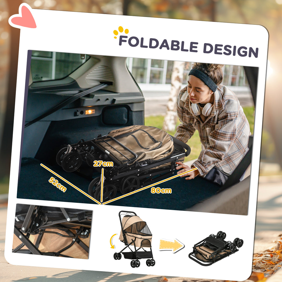 Pet Stroller Pushchair Foldable Travel Dog Cat Carriage w/ Reversible Handle Brake Basket
