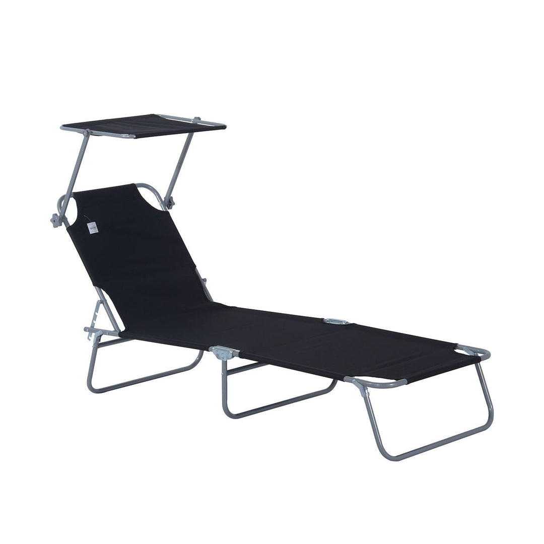 Outdoor Foldable Sun Lounger, 4 Level Adjustable Backrest Reclining Sun Lounger Chair with Angle Adjust Sun Shade Awning for Beach, Garden, Patio, Black