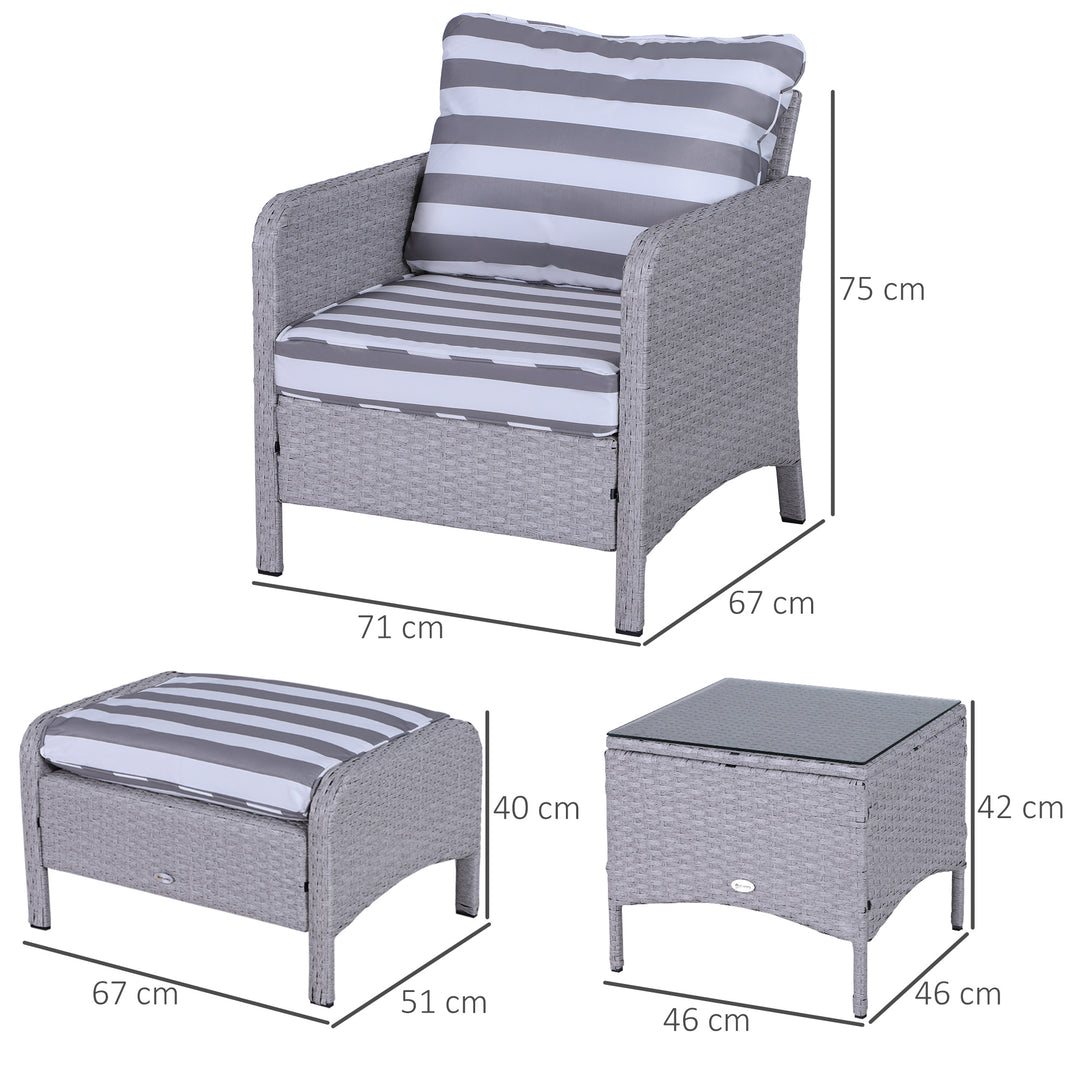 5 Pieces PE Rattan Garden Furniture Set with 10cm Thick Padded Cushions, Wicker Weave Outdoor Seating Chairs with 2 Armchairs, 2 Stools, Glass Top Table, Grey and White