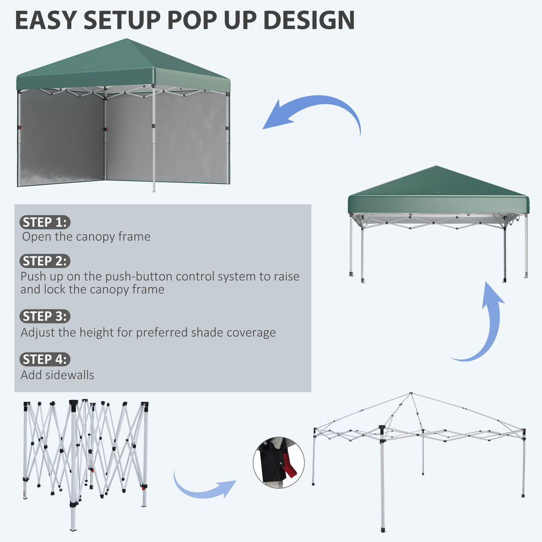 Outsunny 3 x 3 (M) Pop Up Gazebo with 2 Sidewalls, Leg Weight Bags and Carry Bag, Height Adjustable Party Tent Event Shelter for Garden, Patio, Green