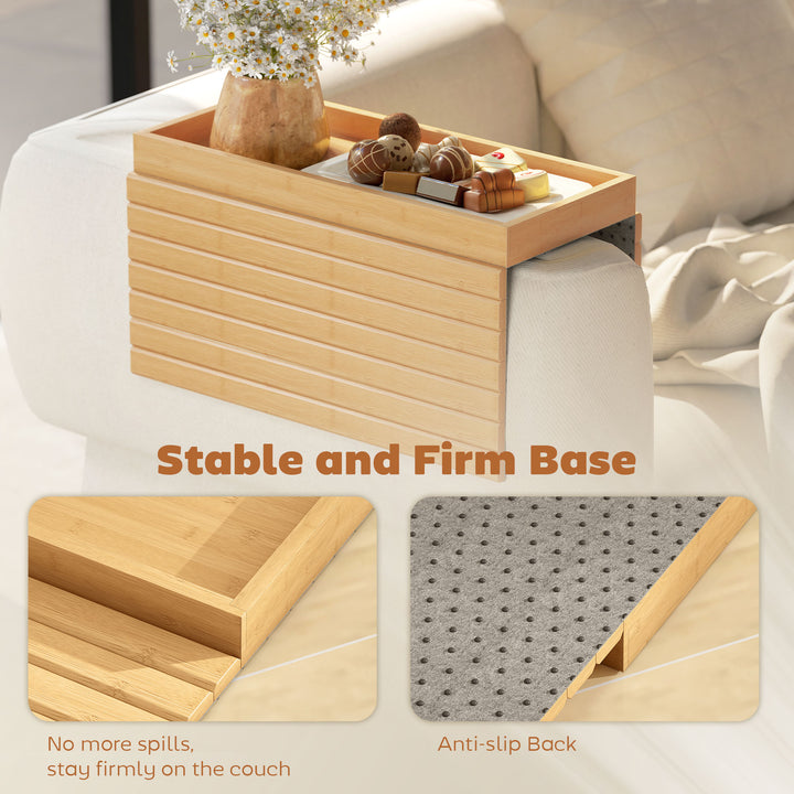 Bamboo Sofa Arm Tray, Foldable Anti-Slip Armrest Tray for Drinks and S
