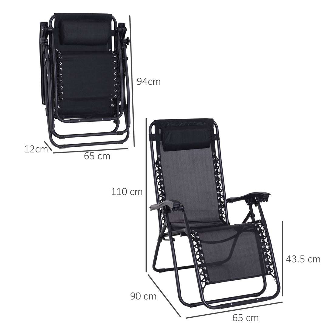Zero Gravity Chair Metal Frame Texteline Armchair Outdoor Folding and Reclining Sun Lounger with Head Pillow for Patio Decking Gardens Camping, Black