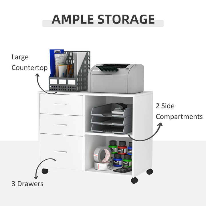 HOMCOM Mobile Printer Stand with Wheels, Office Desk Side Storage Unit, 3 Drawers 2 Shelves, 80L x 40W x 65H cm, White | Aosom UK