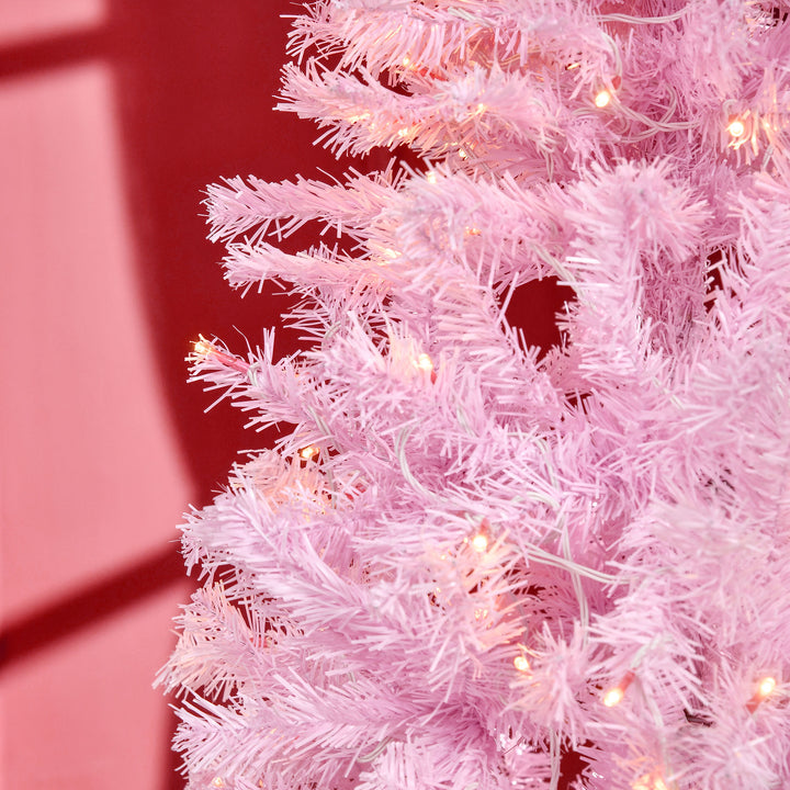5FT Tall Prelit Pencil Slim Artificial Christmas Tree with Realistic Branches, Warm White LED Lights and 408 Tips, Xmas Decoration, Pink