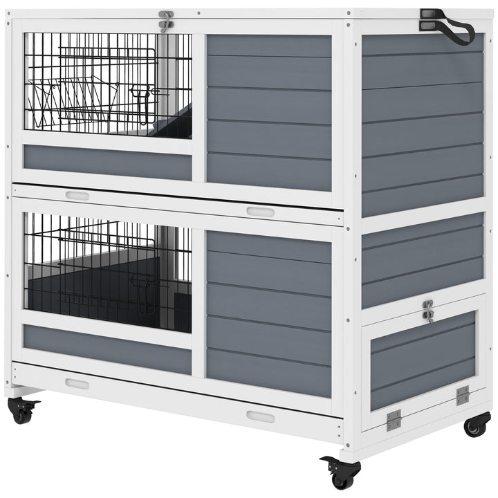 PawHut Double Deckers Guinea Pig Cage Rabbit Hutch Indoor with Feeding Trough, Trays, Ramps, Openable Top - Grey | Aosom UK