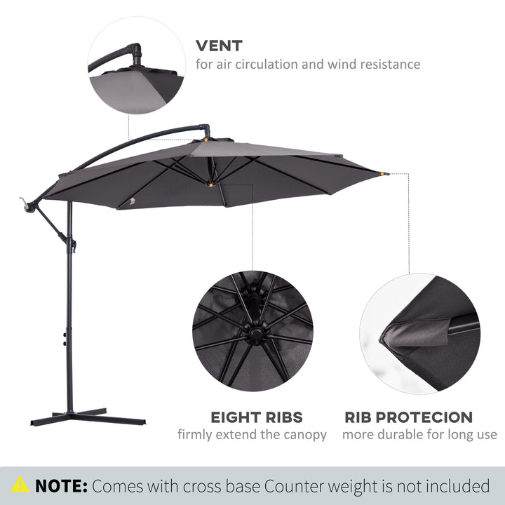 Outsunny 3(m) Garden Banana Parasol Hanging Cantilever Umbrella with Crank Handle, 8 Ribs and Cross Base for Outdoor, Sun Shade, Grey