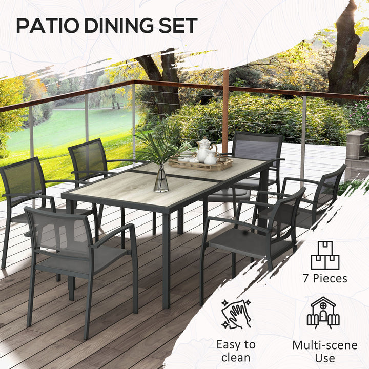 Outsunny 7 Pieces Garden Dining Set, Stackable Chairs, Outdoor Patio Dining Set, 6 Seater Outdoor Table and Chairs w/ Breathable Mesh Seat