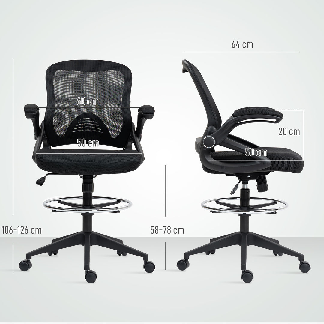 Drafting Chair with Flip-up Armrest, Mesh Office Stool with Foot Ring, 360 Degree Swivel Height Adjustable Chair for Standing Desk, Black