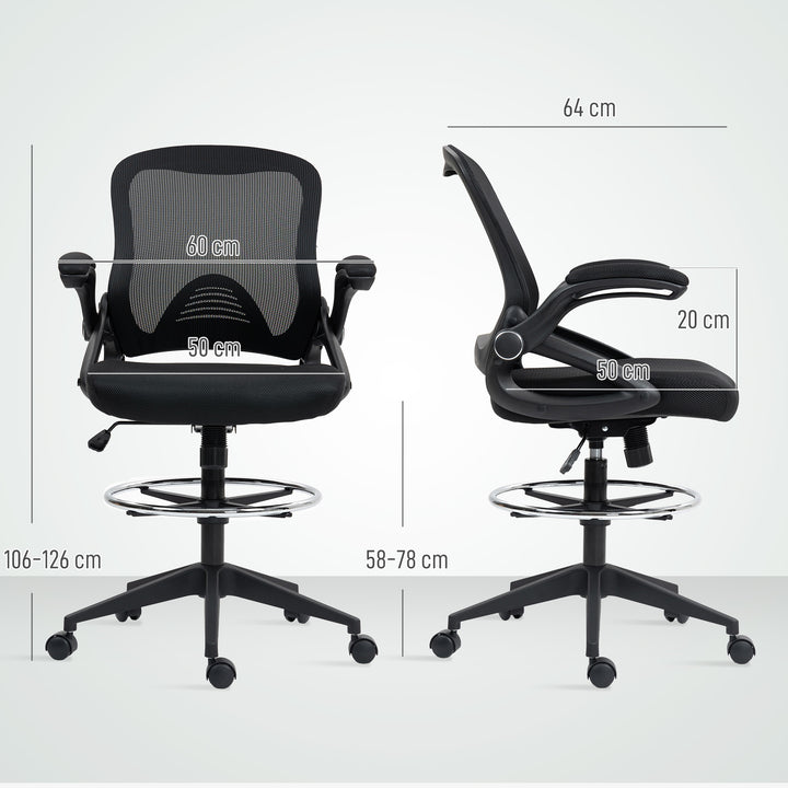 Drafting Chair with Flip-up Armrest, Mesh Office Stool with Foot Ring, 360 Degree Swivel Height Adjustable Chair for Standing Desk, Black