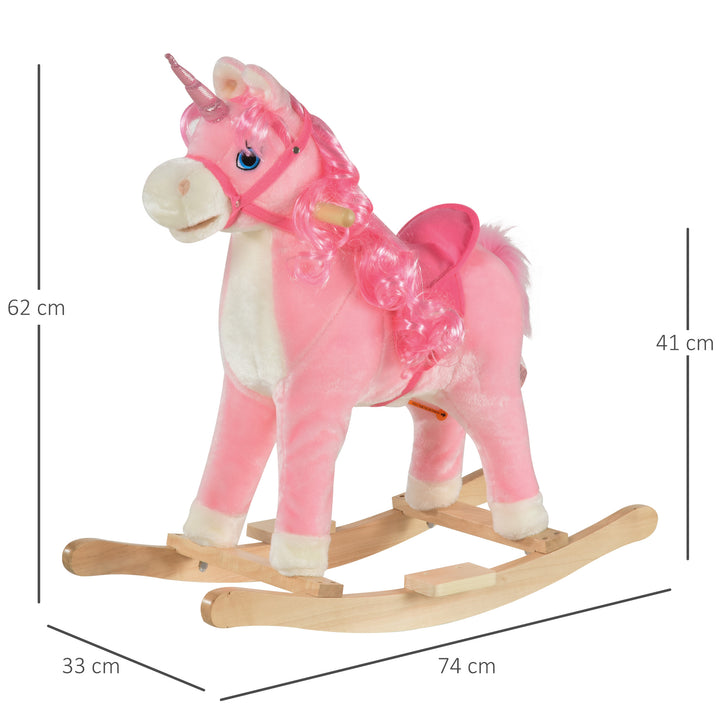 HOMCOM Unicorn Rocking Horse for Kids, Plush Ride On with Sound Effects, Soft, Pink